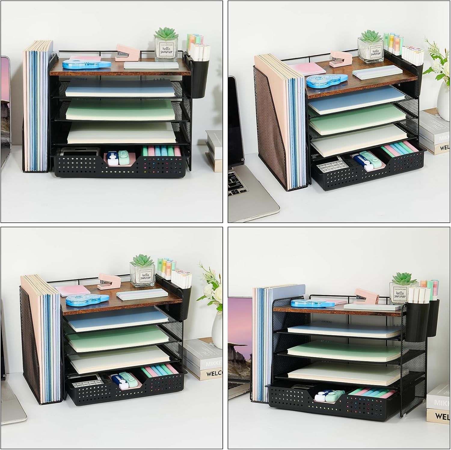 ThrottleT-Desk Organizers and Accessories with File Holder,5Tier Office Desk Accessories & Workspace Desktop Organizer with Drawer and 2 Pen Holder,File Paper Organizer for Office Supplies(Brown Wood