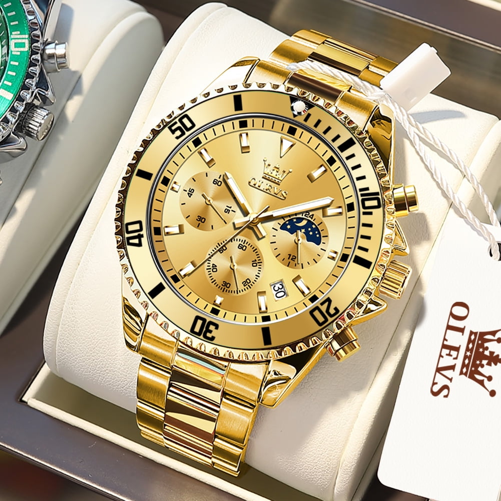 OLEVS Watches for Men Luxury Analog Quartz Chronograph Business Dress Gold Plated Stainless Steel Moon Phase Waterproof Luminous Date Casual Mens Wrist Watches Reloj Para Hombre