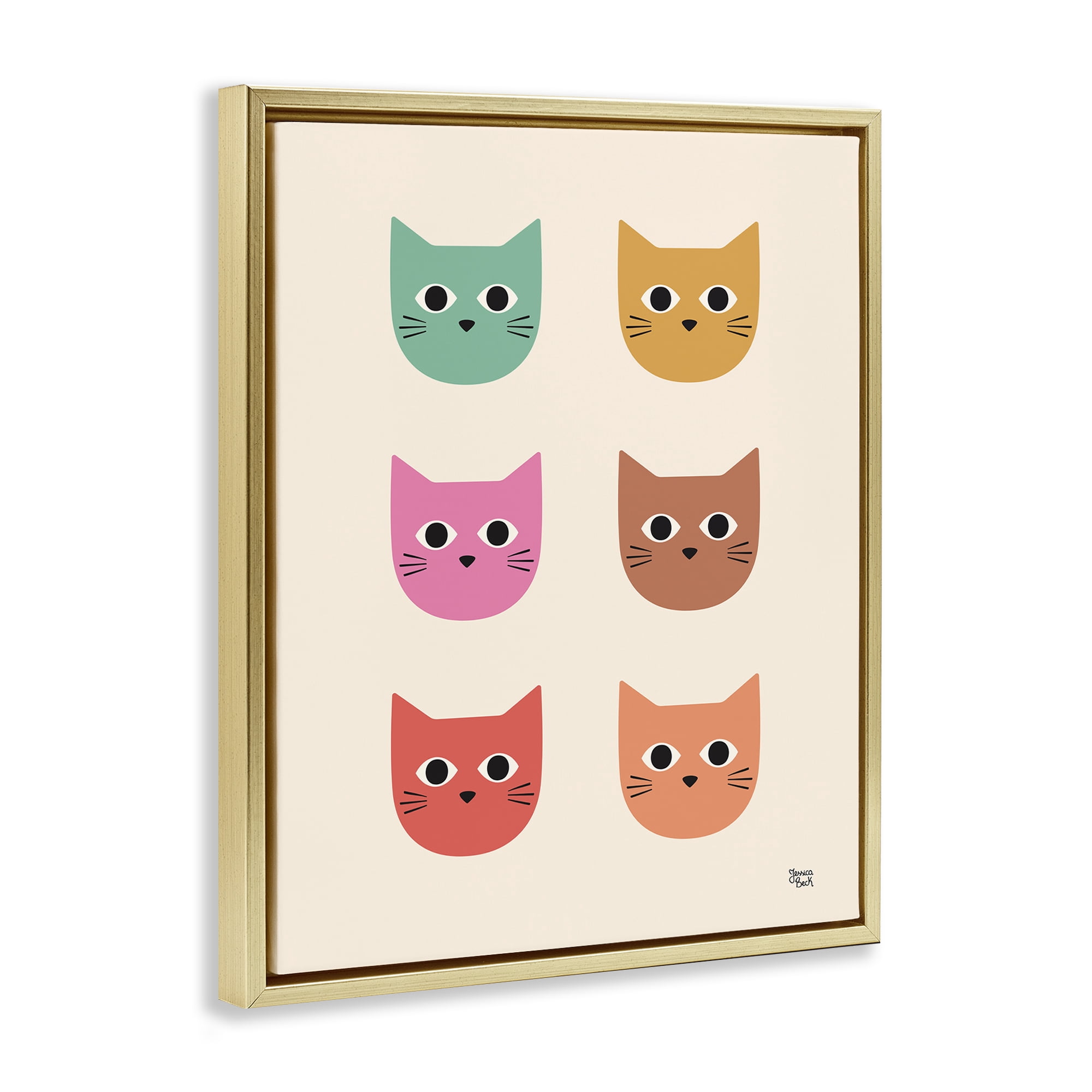 Stupell Industries Colorful Cat Faces Animals Painting Gold Floater Framed Canvas Art Print Wall Art, 17 x 21