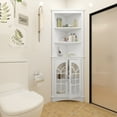 thumbnail image 2 of PORKISS White Corner Bookshelf, Wooden Tall Bookshelf with Metal Handle, Modern 5 Tier Corner Bookcase with Doors and Shelves, Freestanding Storage Cabinet for Living Room, Office, Dining Room, 2 of 7