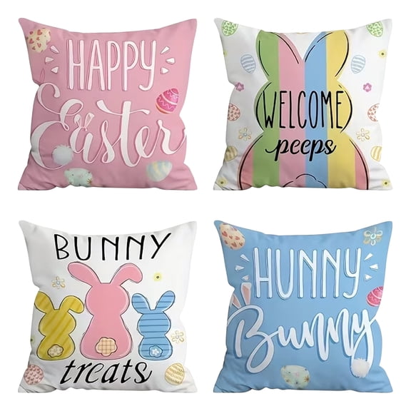 Easter Pillow Covers 18x18in Set of 4, Easter Couch Throw Pillow Covers Bunny Decorations for Sofa, Indoor, Outdoor, Decorative Blue Pink Buffalo Plaid Spring Decor for Home