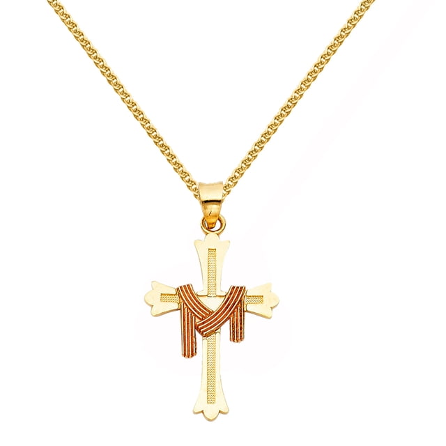 Precious Stars Robe Drapée en Or Bicolore 14K Pendentif Croix Unisexe avec Chaîne Collier 18 Pouces