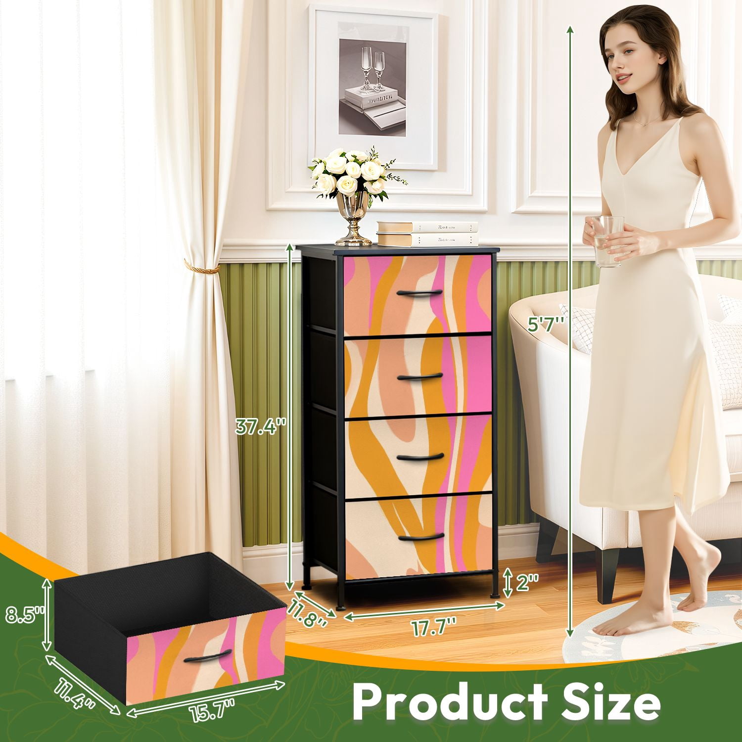 Kanworse 4 Drawer Fabric Dresser for Bedroom Psychedelic swirl groovy Psychedelic Chests of Drawers for Closet Organizers Storage