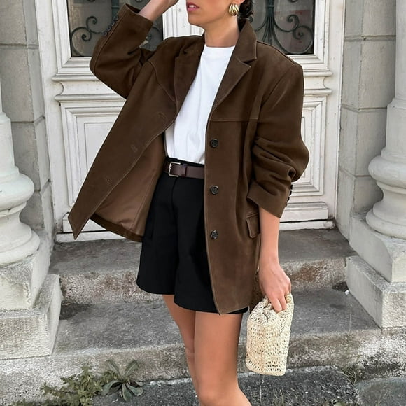 EGNMCR Blazer Womens Solid Color Lapel Long Sleeved Suit Leather Jacket Womens polyester top