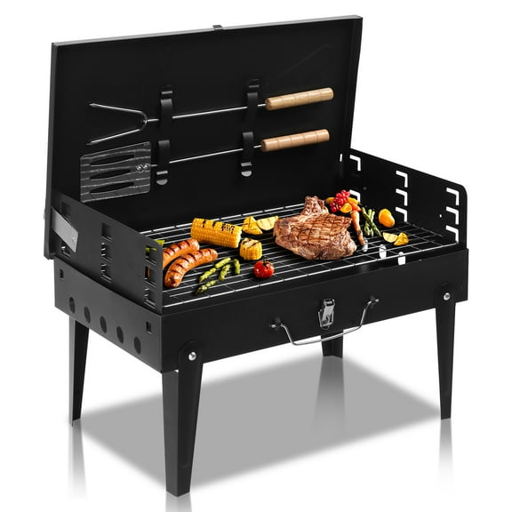 17x11x3in Black Foldable Portable Square Charcoal Grill with Lid - 3-Height Adjustable Cast Iron Grill for Outdoor Hiking, Party, Park & Beach