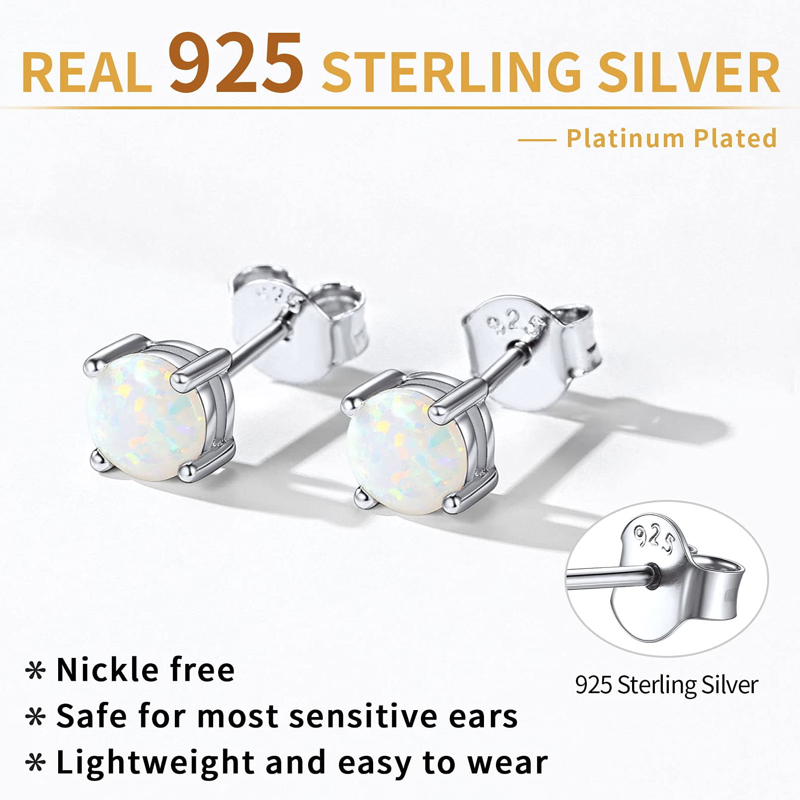 ChicSilver 5mm Created White Opal Stud Earrings Hypoallergenic Sterling Silver Round Cut Earrings for Women October Birthstone Jewelry