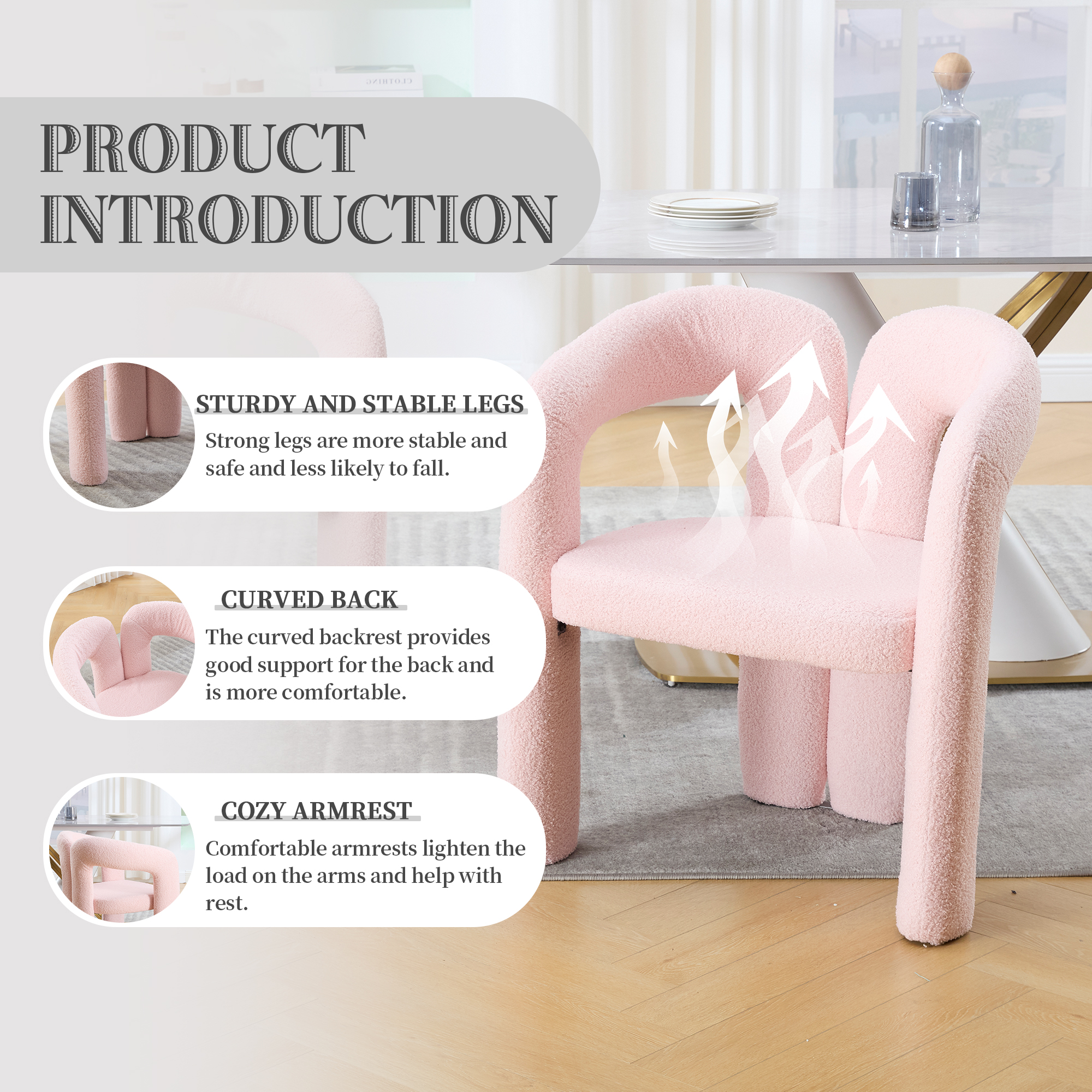 MOONMISS Teddy Fabric Upholstered Wood Frame Contemporary Designed Dining Side Chair（set of 2）-Pink