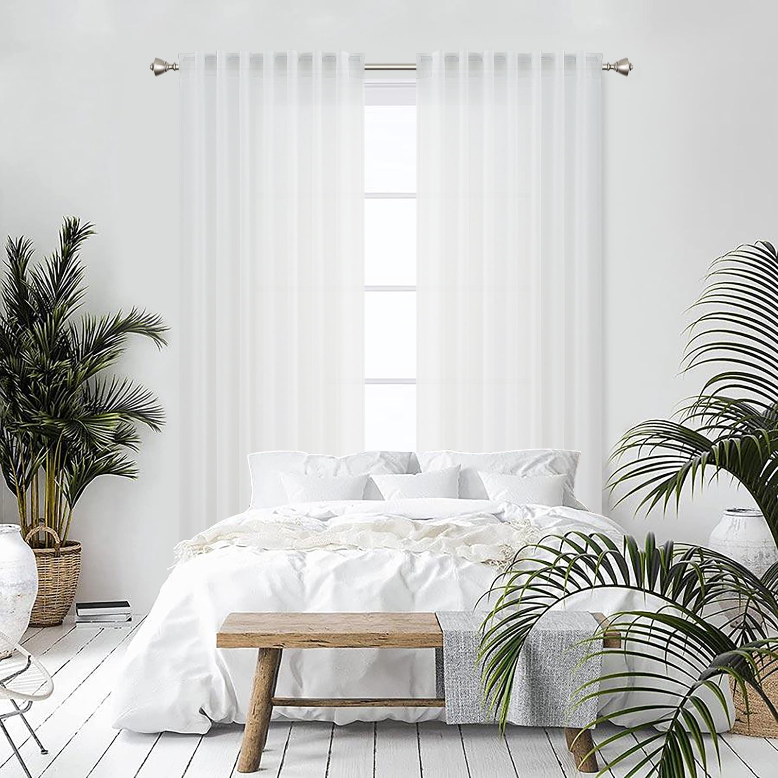 Topfinel White Linen Curtains 96 Inches Long for Living Room,Back Tab Light Filtering Drape with  Hooks,Semi Sheer Lightweight Curtains for Bedroom,Set of 2