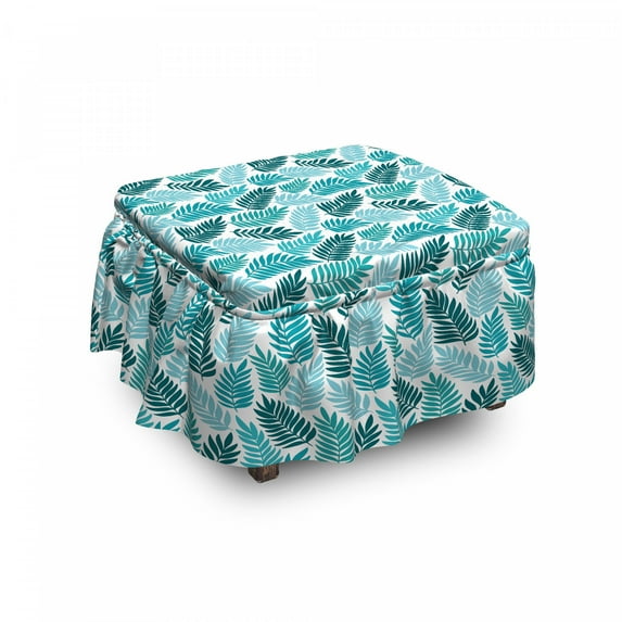 Floral Ottoman Cover, Exotic Tropical Leaves Art, 2 Piece Slipcover Set with Ruffle Skirt for Square Round Cube Footstool Decorative Home Accent, Standard Size, White Teal Seafoam, by Ambesonne