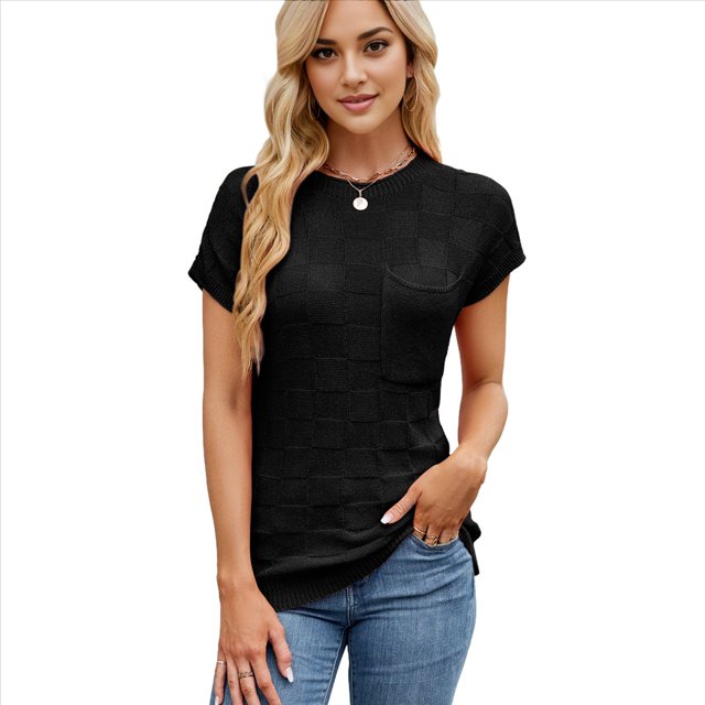 Tops de Verano con Mangas para Mujer, Suéter Informal de Punto de Corta, Camisas Holgadas Negro M