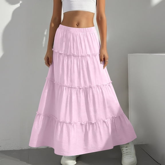 Kctiaxy Girls Skirts Elastic High Waist A-Line Ruffle Maxi Skirt Casual Solid Color Tiered Hem Vintage Summer Long Skirt for Kids