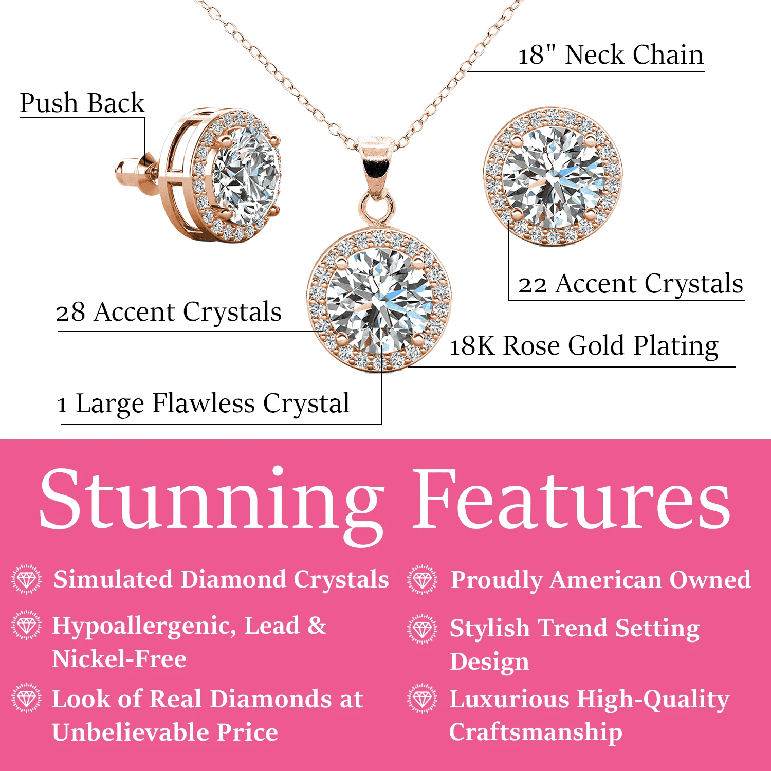 Cate & Chloe Blake 18k Rose Gold Plated Halo Jewelry Set with Simulated Diamonds Gift for Women