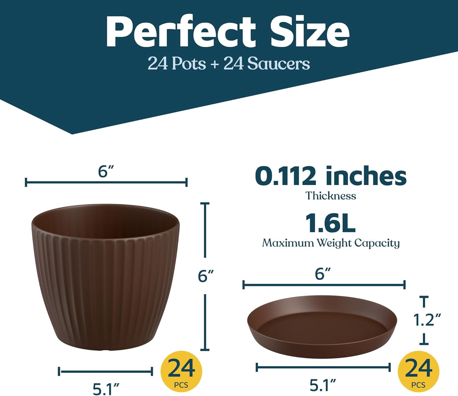 Brown 6-Inch Plant Pots with Drainage & Saucers 24 Pack, Indoor & Outdoor Planters for Houseplants, Herbs, and Flowers, Durable & Weatherproof Material, Stackable, Lightweight, Minimalist Design
