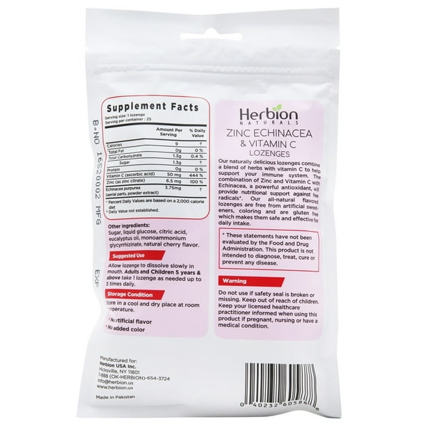Herbion - Zinc Echinacea & Vitamin C Lozenges Cherry Flavor - 25 Lozenges