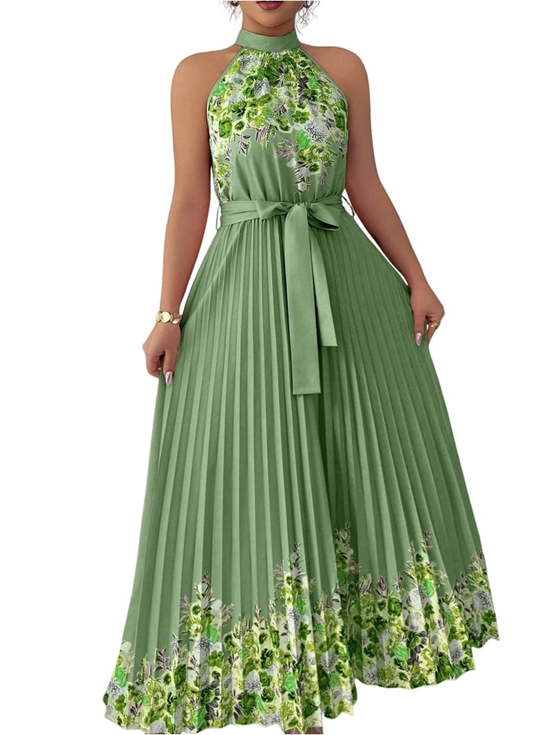 Women Elegant Floral Halter Maxi Dress Classy Pleated A Line Flowy Summer Wedding Guest Dress Emerald Green S
