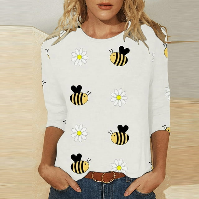 FcBaudy Hauts pour Femmes, Chemisiers et Chemises à Manches Longues à Col Rond, Chemises pour Femmes Mode T-shirt Imprimé pour Femmes Mi-Long Manches 3/4 Blouse Col Rond Blouse Décontractée pour Femmes