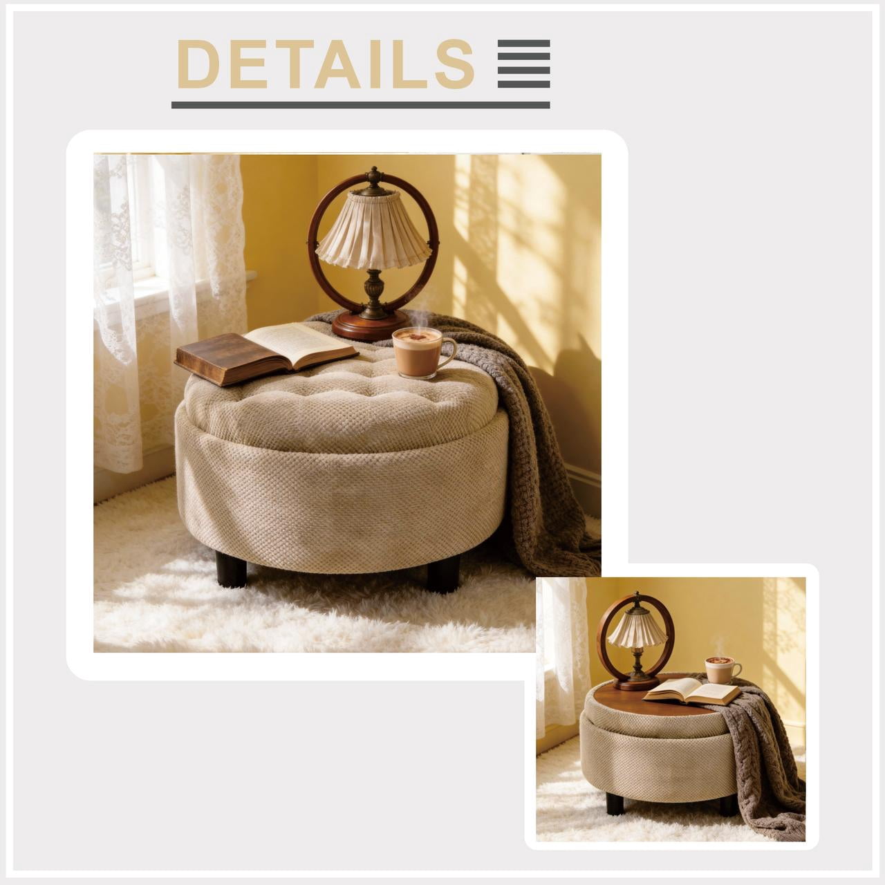 25 Inch Round Storage Ottoman with Removable Wooden Tray, Tufted Fabric Coffee Table with Hidden Storage, Upholstered Footstool for Living Room, Bedroom, Camel