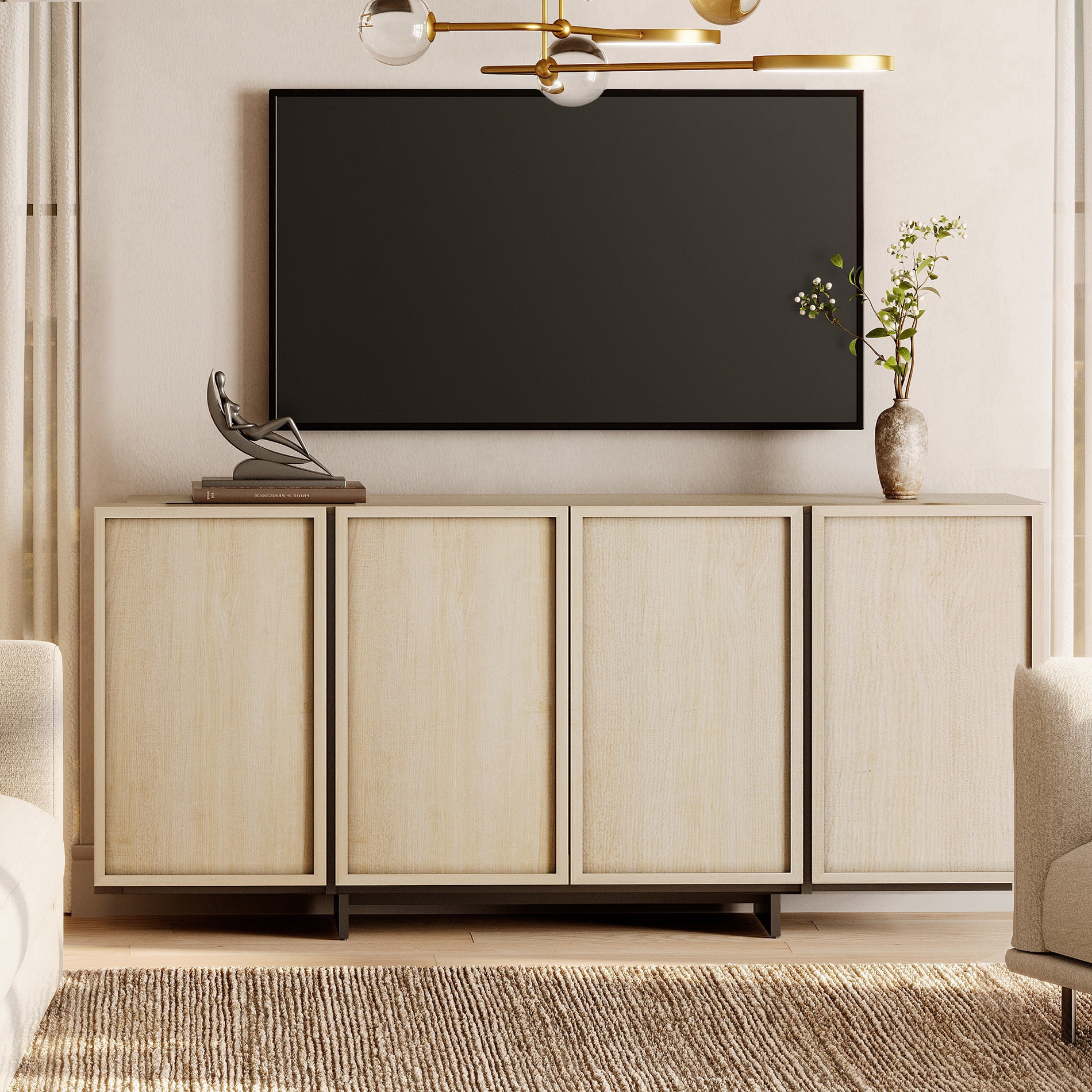 WAMPAT Modern TV Stand - Entertainment Center Console for 70" TVs, with 4 Closed Storage Doors & T-Shaped Wood Legs, Media Cabinet for Living Room & Bedroom,Beige