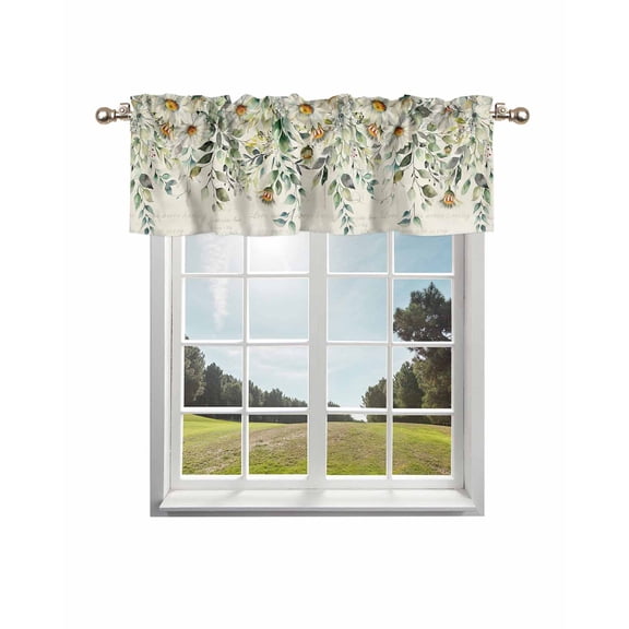 White Daisy Kitchen Curtain Valances for Windows Farmhouse Short Curtains, Spring Floral Eucalyptus Leaves Summer Botanical Rod Pocket Valance Curtain for Bedroom Cafe Living Room 56"x16"