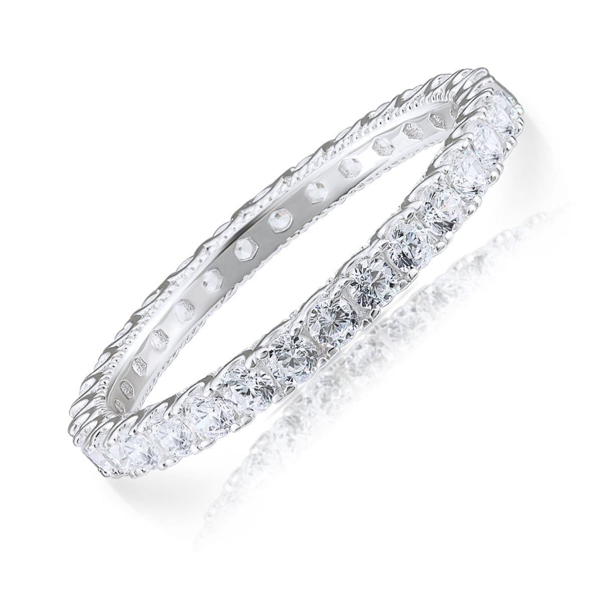 Tilo Jewelry 925 Solid Sterling Silver 2MM CZ Fancy Eternity Band Ring for Women - Size 8