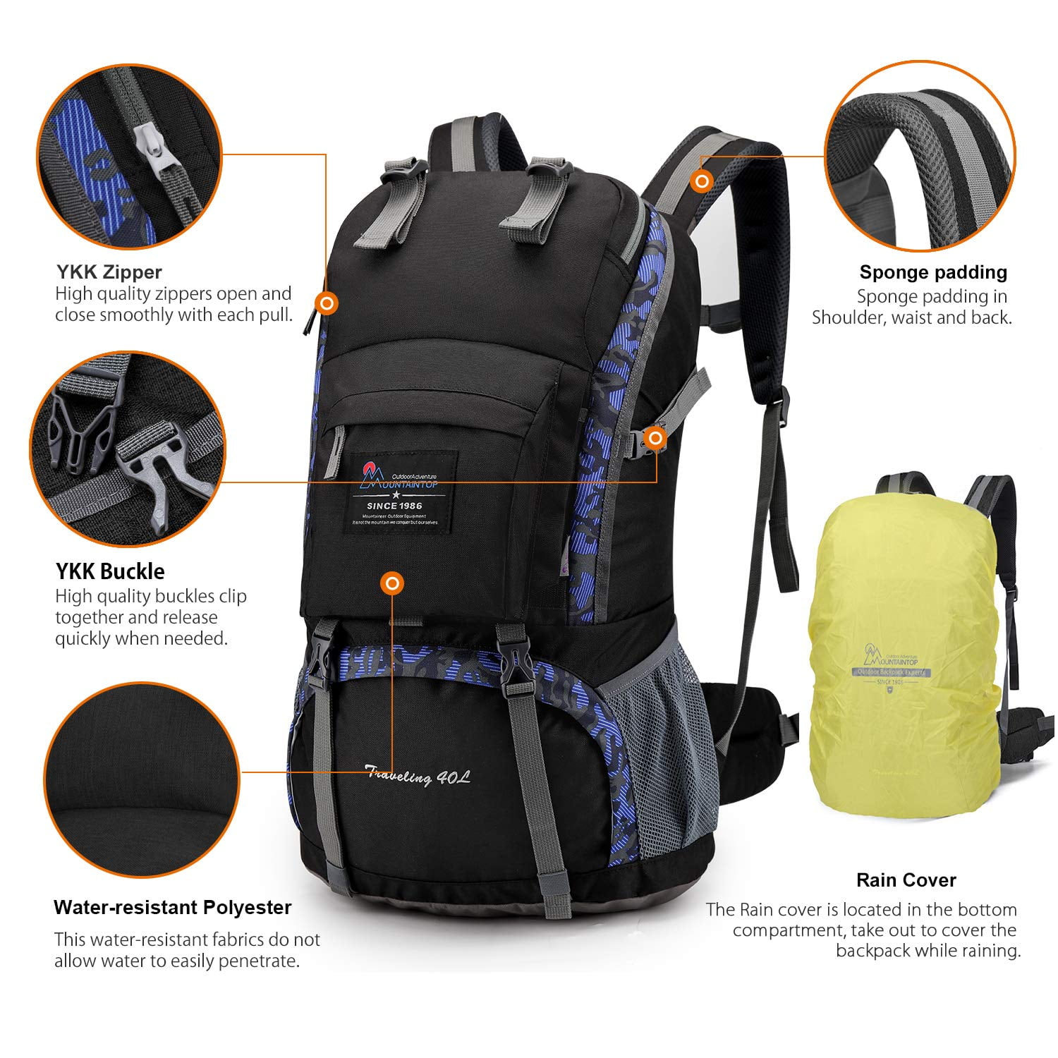 Details about   Mountaintop 40 Liter Hiking Backpack Outdoor Camping w/ Rain Cover Sport Black
