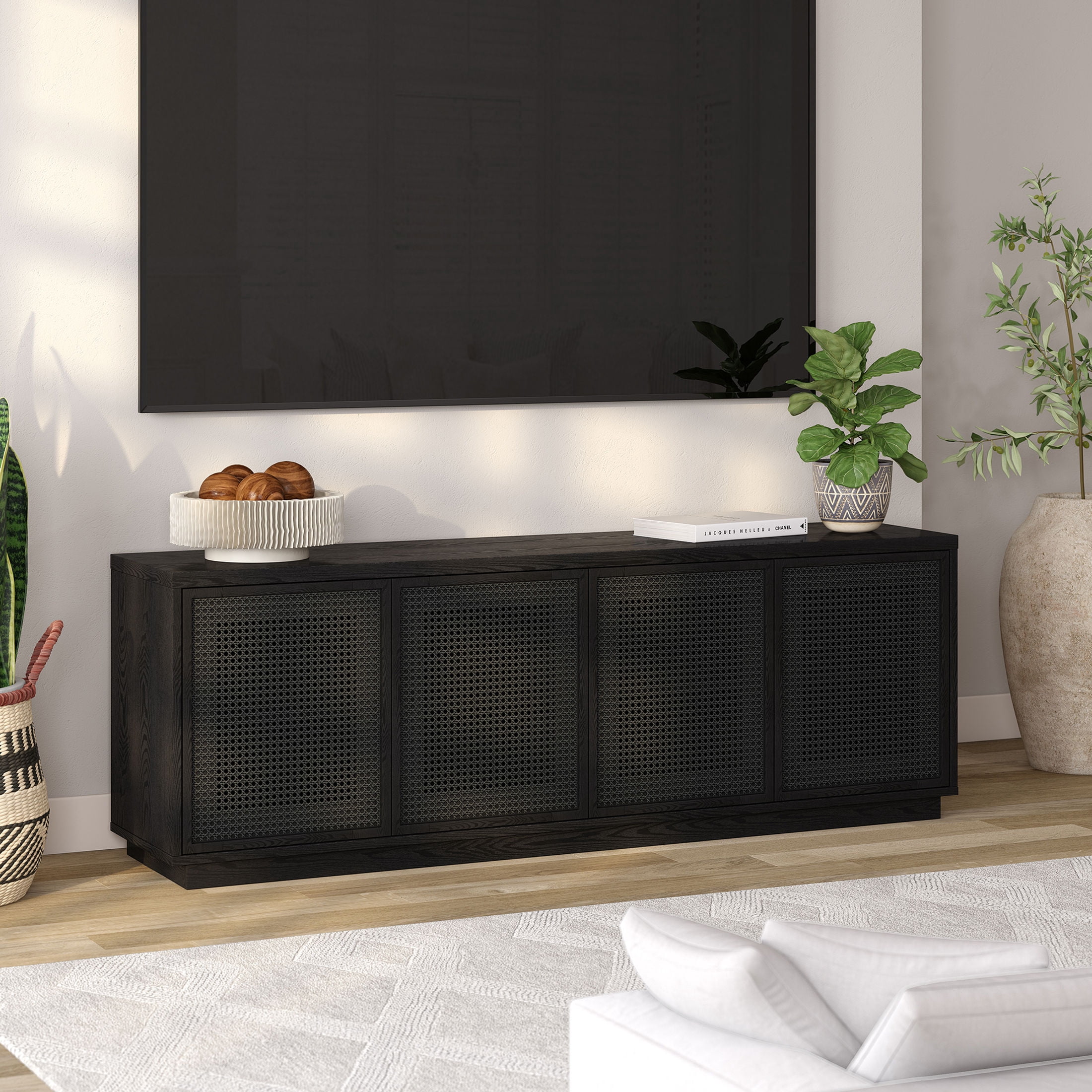 Evelyn&Zoe Pryce Mid-Century Modern TV Stand For TVs up to 78", Black Grain with Black Rattan