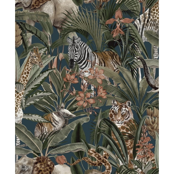 Safari Animal Fusion Wallpaper Navy Blue – Quirky Safari Animal & Tropical Leaf Design, Statement Wallpaper for Living Room, Bedroom or Hallway