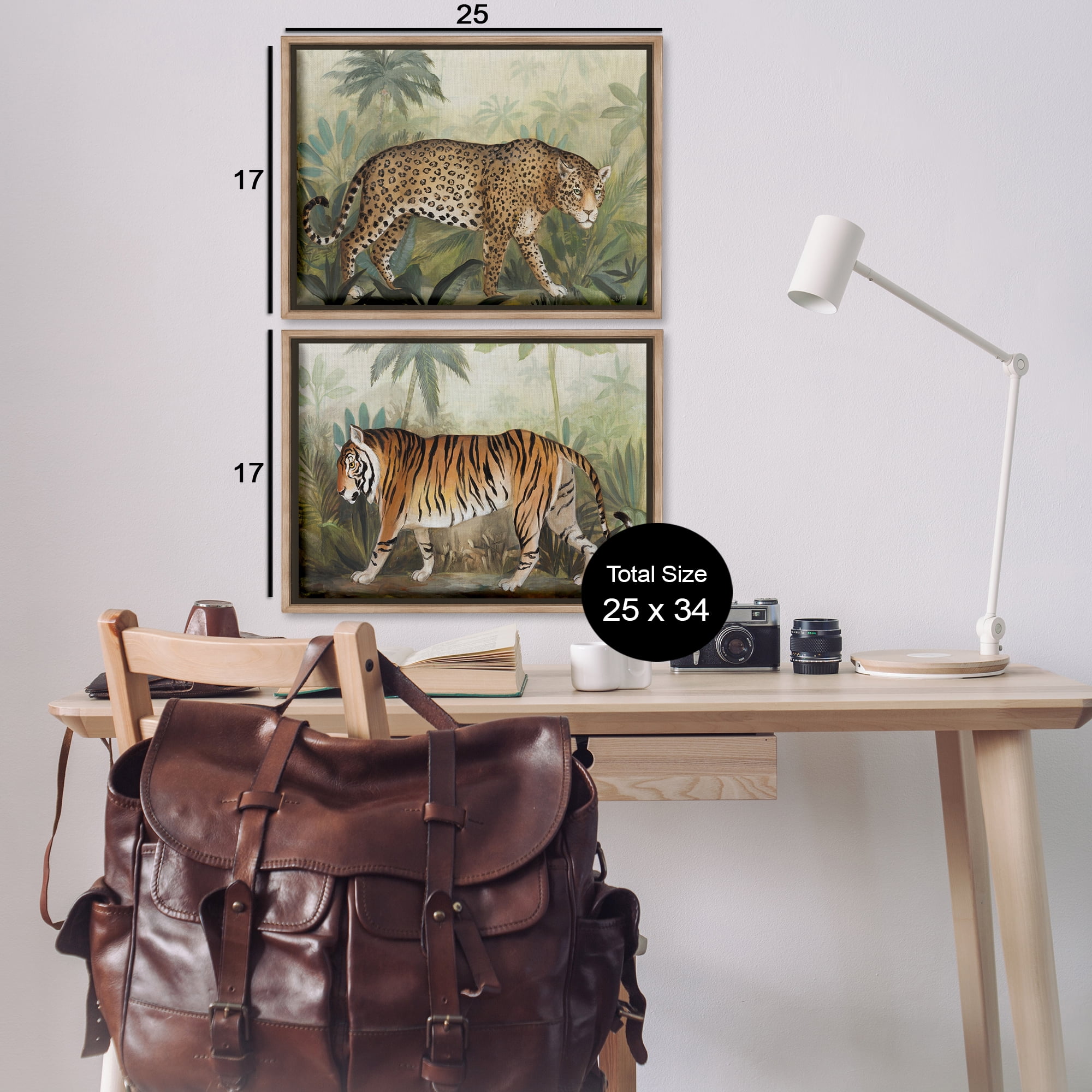 Stupell Industries Jaguar & Tiger Jungle Scene Animals Painting Brown Floater Framed Canvas Art Print Wall Art, 25 x 17, Set of 2
