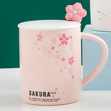 

Anjet- 1pc 12.8oz Cherry Blossom Mug With Lid Spoon Ceramic Water Cup Breakfast Coffee Milk Tea Drinking Cup For Home Office Kitchen & Dining Supplies