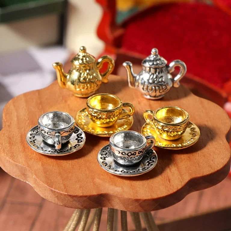 1Set 1:12 Dollhouse Miniature Teapot Cup Saucer Metal Tea Set