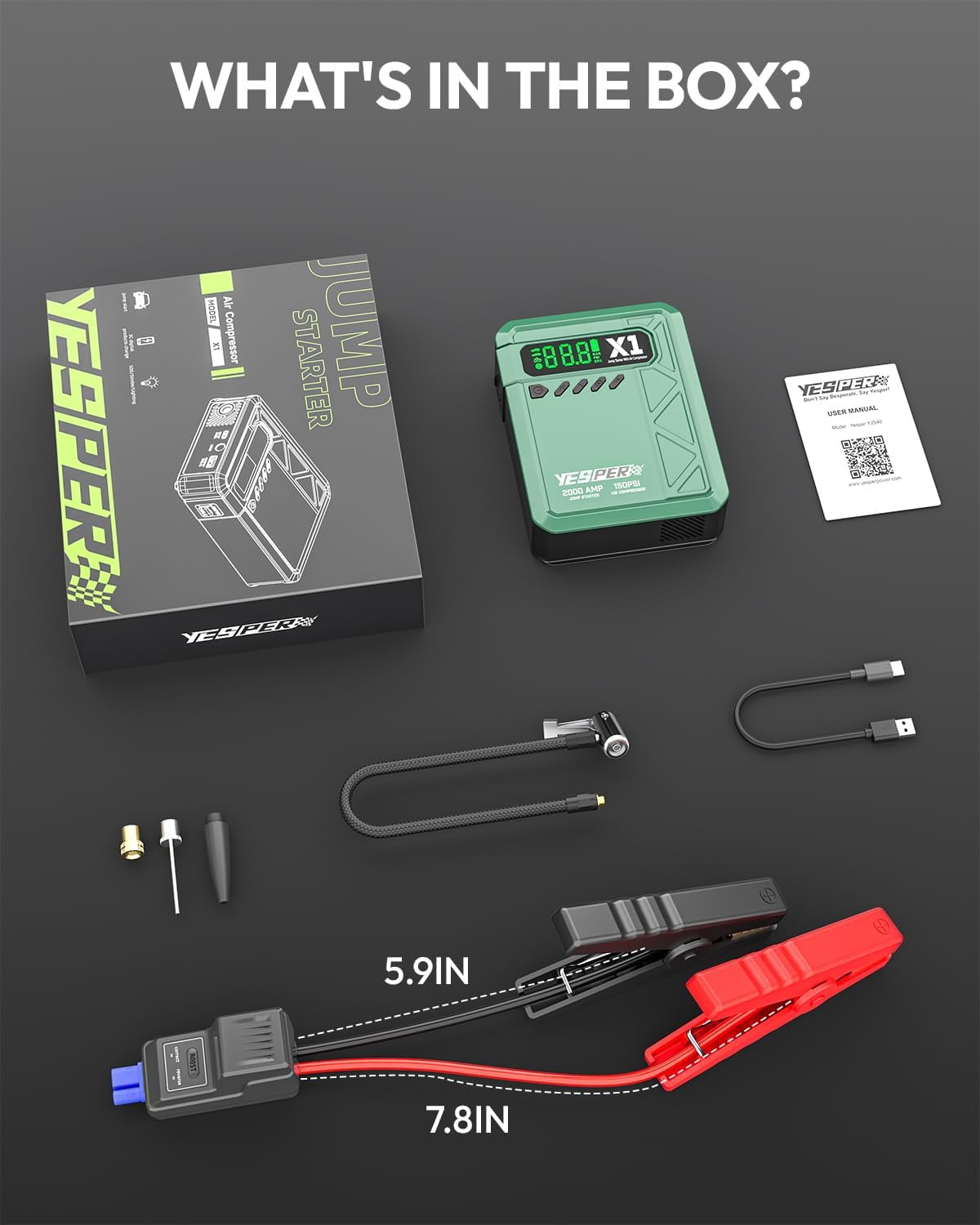 YESPER Jump Starter with Air Compressor, 2000A Portable Car Battery Booster (8L Gas/6L Diesel) with 150PSI Cordless Digital Tire Inflator, 12V Lithium Jump Box with Jumper Cables