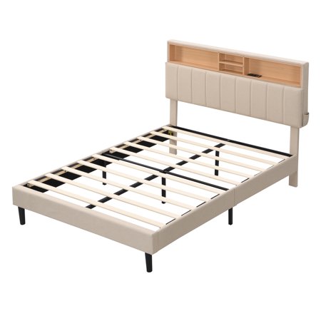 Paproos Upholstered Platform Bed with Storage Headboard and USB Port, New Upgraded Full Size Linen Upholstered Bed Frame, No Box Spring Needed, Full Bed Frame for Teens Adults, Holds 500lbs, Beige
