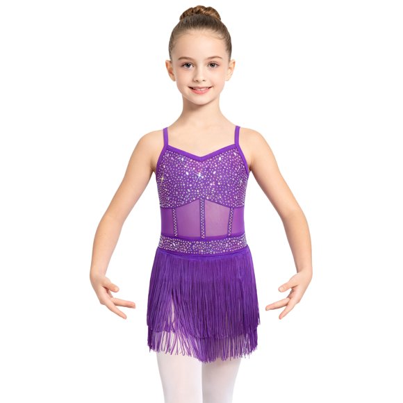 CHICTRY Robe de Danse Latine pour Filles Scintillante en Strass Sans Manches à Franges Justaucorps à Jupe Tango Samba Tenue de Danse de Salon Violet 16