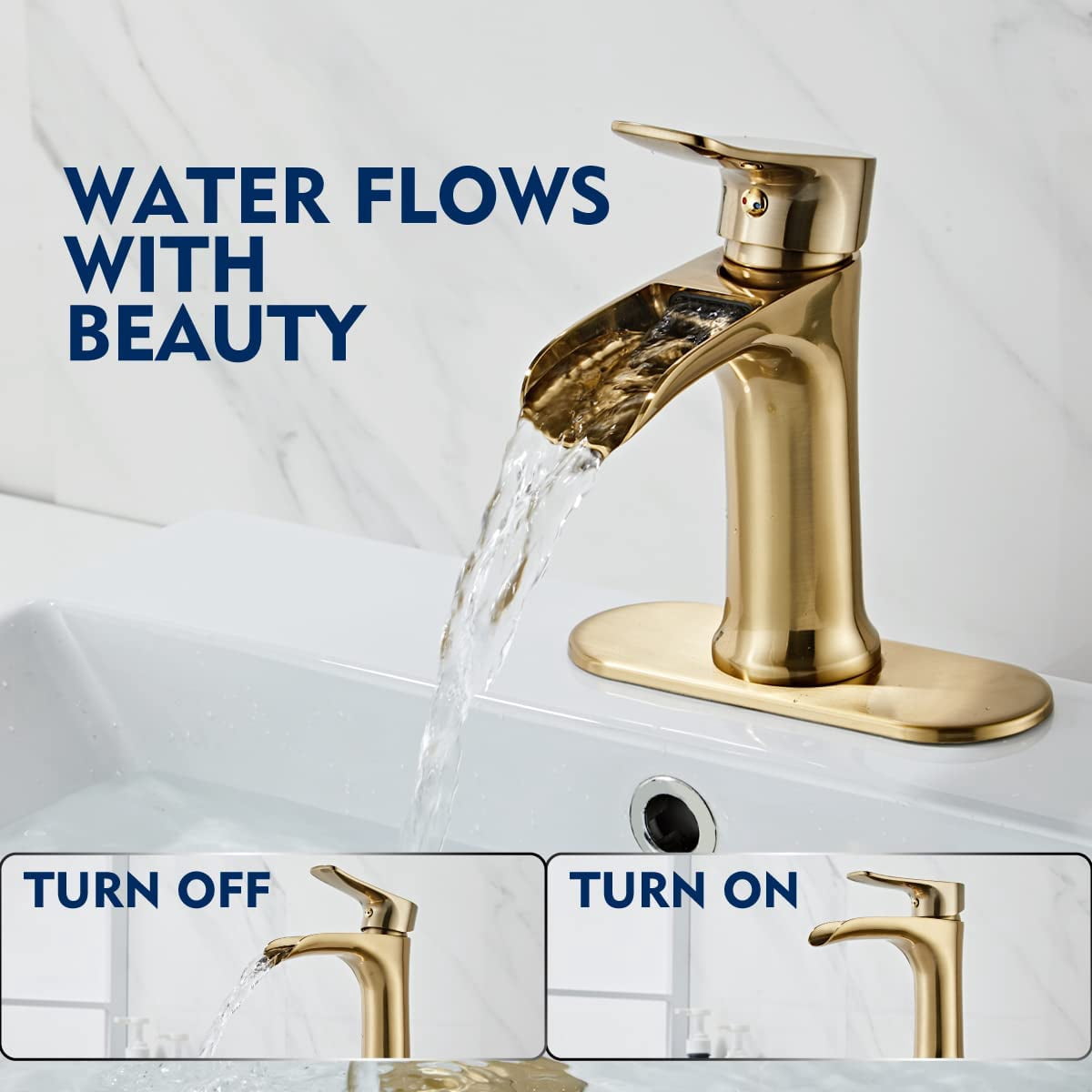 Brushed Gold Bathroom Faucet,Yundoom Waterfall Bathroom Faucet Brushed Gold,Pop Up Drain Bathroom Sink Faucet,Single Handle Bathroom Faucets,Faucet for Bathroom Sink,Vanity Farmhouse Bathroom Faucet