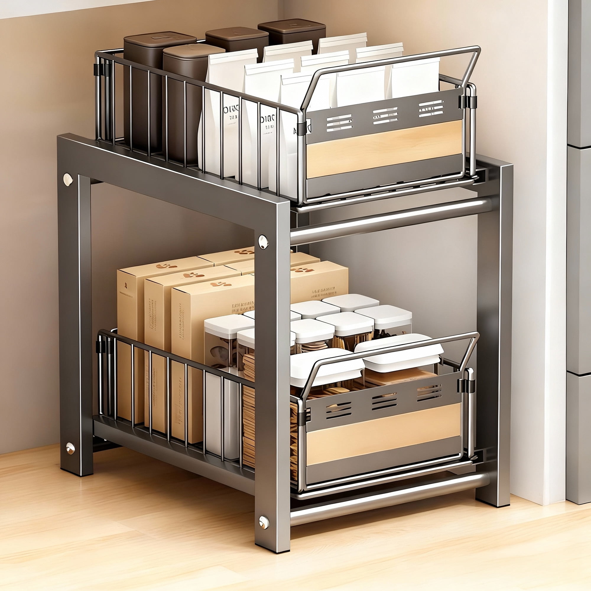 2-Tier Under Sink Storage, Metal Pull Out Cabinet Organizer, Double Sliding Basket Organizer for Kitchen, Bathroom, Black