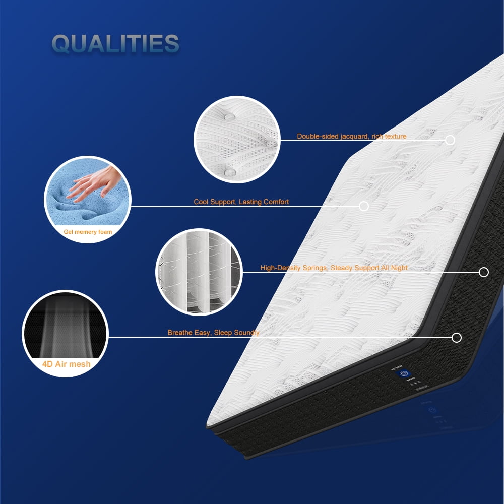 CTQC 12 King Mattress Cooling Gel Memory Foam Hybrid Mattress Medium-Firm Breathable Pressure Relief White Black Rim Mattress CertiPUR-US Certified Mattress with individually Pocket Springs