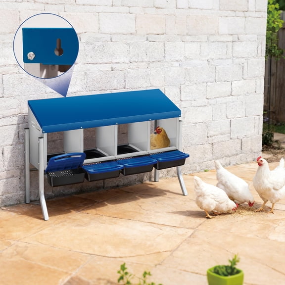 Lumiparty Chicken Nesting Box with Legs, 4-Hole Wall Mount Metal Hen Nesting Box with Roll Away Egg Collection and Easy-Clean Pull-Out Tray for Chicken Coop, Blue