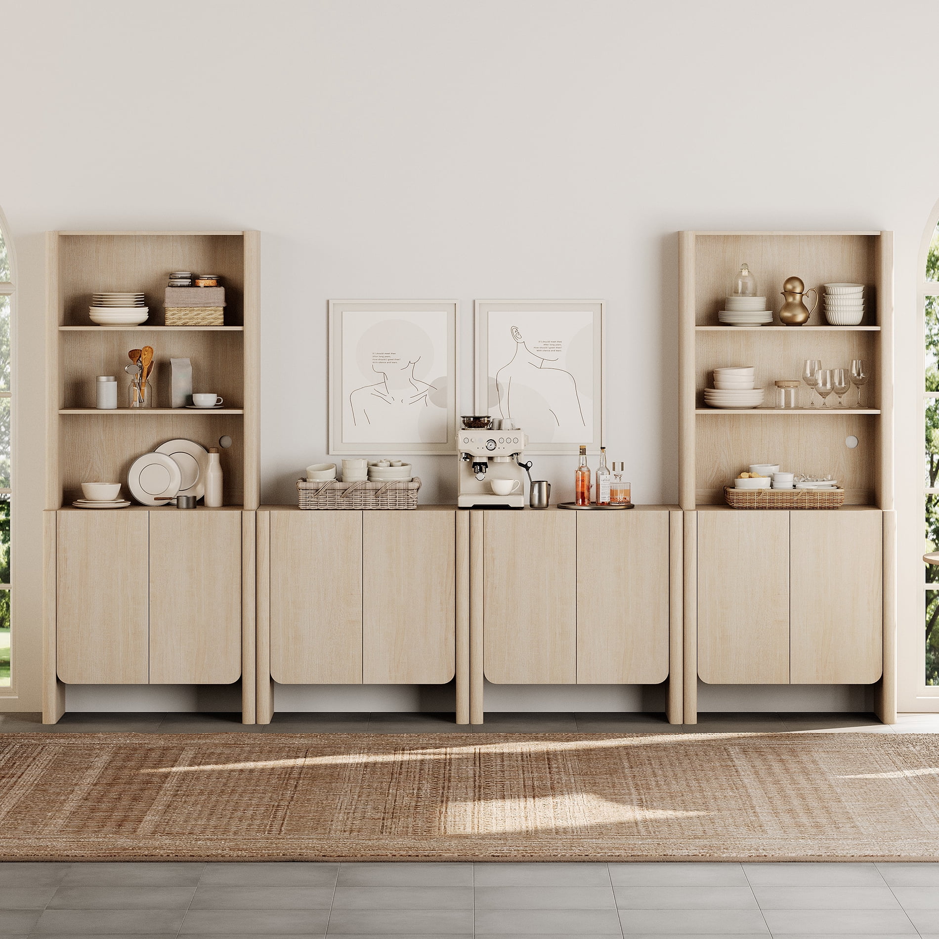 Modern French TV Stand with Bookshelves, 126-Inch Media Console, 4 Doors and Open Shelving, Supports TVs up to 70 Inches, Beige