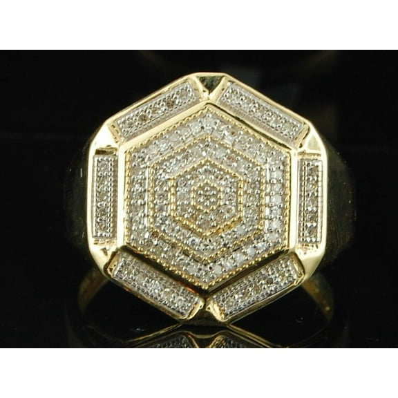 Diamond Hexagon Design Pinky Ring Mens 10K Yellow Gold Round Pave 0.33 Tcw.