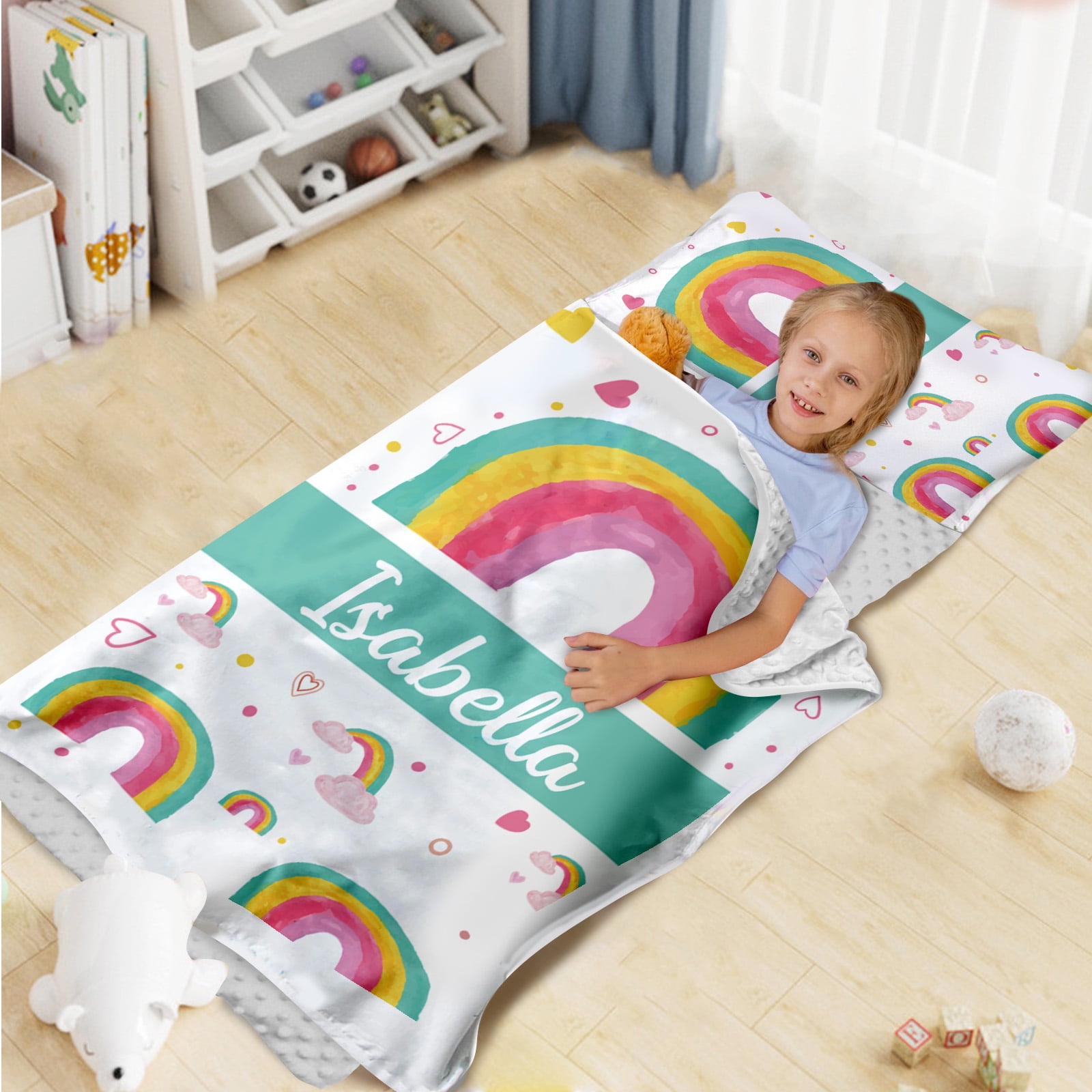 AOLOA Personalized Toddler Nap Mat, Custom Name Kids Sleeping Mat for Daycare Preschool Kindergarten, Green Rainbow Boys Girls Sleep Bag with Pillow Blanket Set, Portable Nap Sack for Infant Child