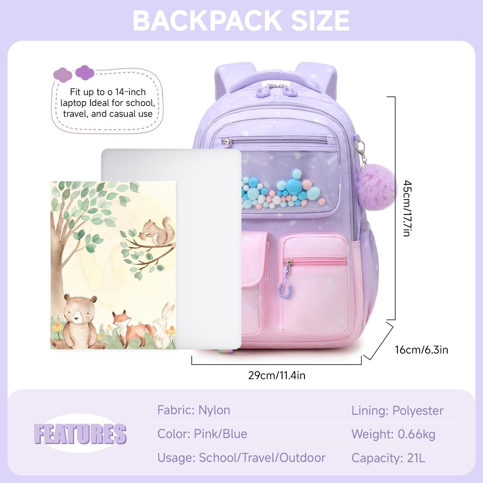 Mochila escolar para niñas de 20L para grados 1-5, ligera y ergonómica con tiras reflectantes, impermeable y con colgante lindo 6