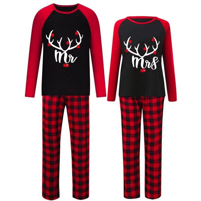 Christmas Couple Pajamas Matching Sets Mr. & Mrs Antler Loungwear Black Pajamas Set