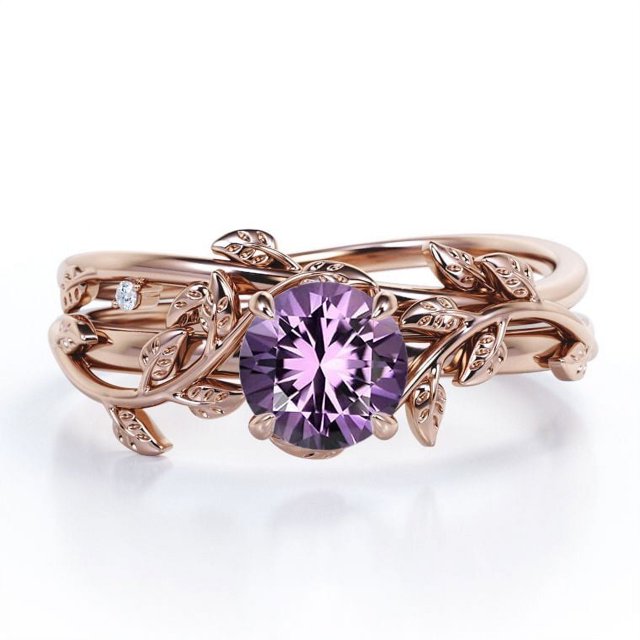 JeenMata Anillo de Bodas Solitario con Hoja y Enredadera Amatista Violeta de Talla Redonda de 0,5 TCW; Baño de Oro Rosa de 18 K sobre Plata