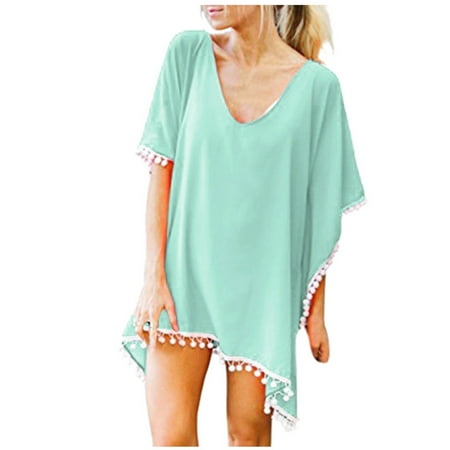 knqrhpse Swimsuit Coverup for Women Bathing Suit Cover Up Trim Kaftan Chiffon Tassels Swimwear Beach Loose Bikini Cover Up Tops Swimsuit Coverup for Women Beach Outfits Women Swimsuits