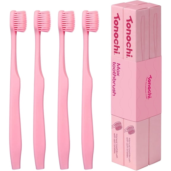 Tonochi Max Extra-Soft Toothbrush for Adults Sensitive Gums – Gentle Bristles, Wide Angled Head for Back Teeth, Ergonomic Non-Slip Grip, BPA-Free Handle, Individually Wrapped, 4-Pack(Pink)