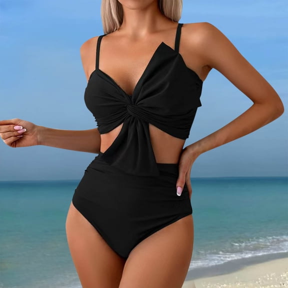 Guieoi Swimsuit Women Plus Size Summer Padded Tie-Back Bow Cutout Swimsuit, Sexy Fashion Lace Bikini Black XL