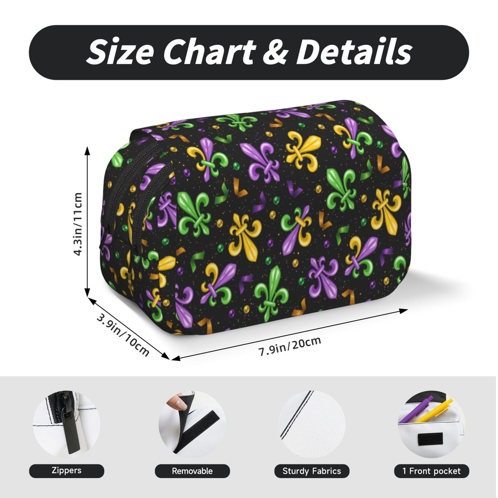 Rateoe Mardi Gras Carnival4 Pattern Double Clamshell Pen Case, Storage Organizer with Two Zipper Compartments– Holds Up to 50 Pencils & Pens