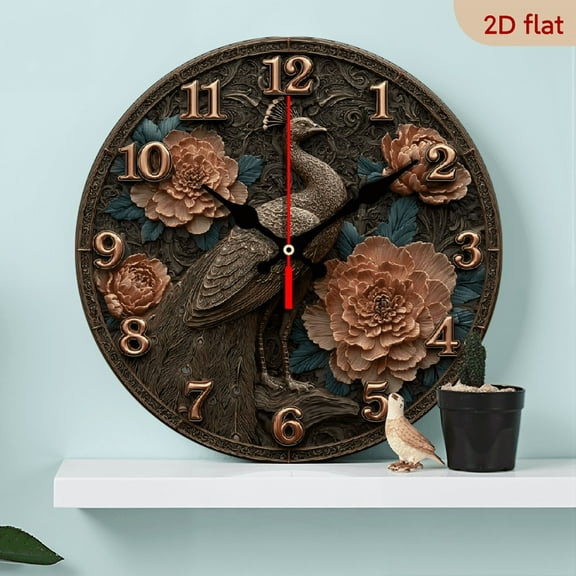 2D Flat 1pc 10Inch Wooden Vintage Farmhouse Style Wooden Wall Clock with Large Easy-to-Read Black Hands Brown Face - Round Large Face, Golden-Toned Numbers, Silent Non-Ticking