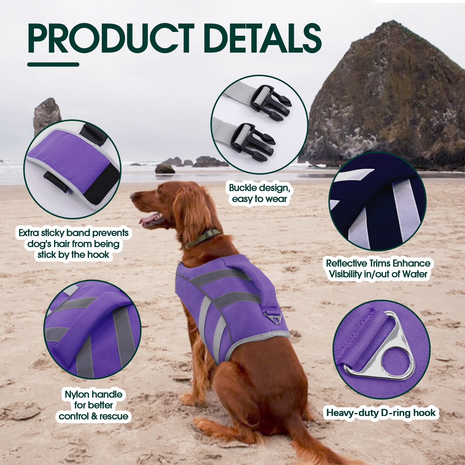 Kuoser Dog Life Jacket with Reflective Stripes, Adjustable Dog Life Vest, Purple, M