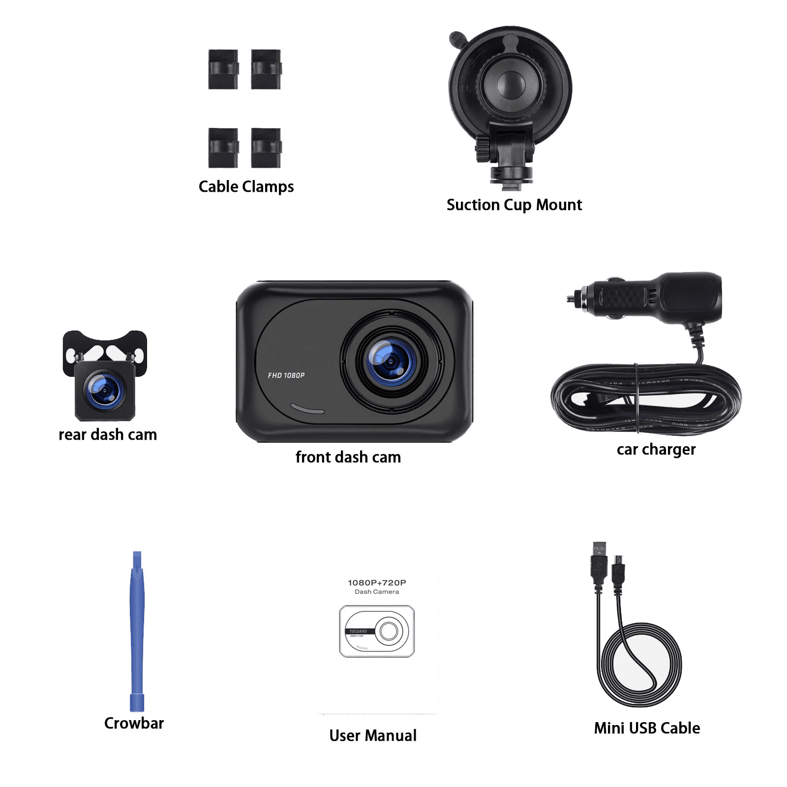 TOGUARD Dash Cam Front/Rear, 1080P Night Vision, 2.45-inch Display